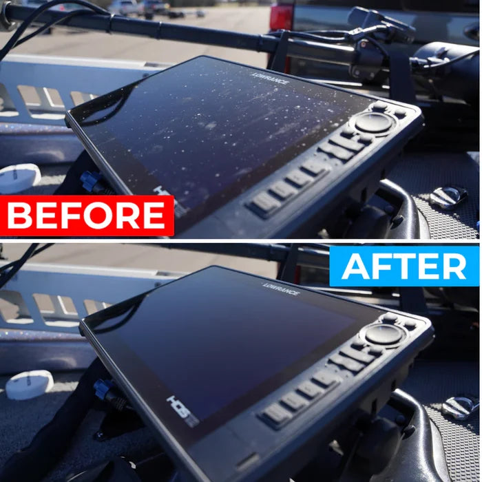 Comparison image showing a boat electronic device screen covered with dirt and water spots before cleaning and spotless after using Boat Drip Exterior Cleaner, highlighting effective cleaning for fishing tackle and marine electronics.