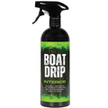 Bottle of Boat Drip Interior spray cleaner and protector for boat interior surfaces, featuring a black trigger spray top and green label detailing uses for seats, dashboard, vinyl, and plastic.