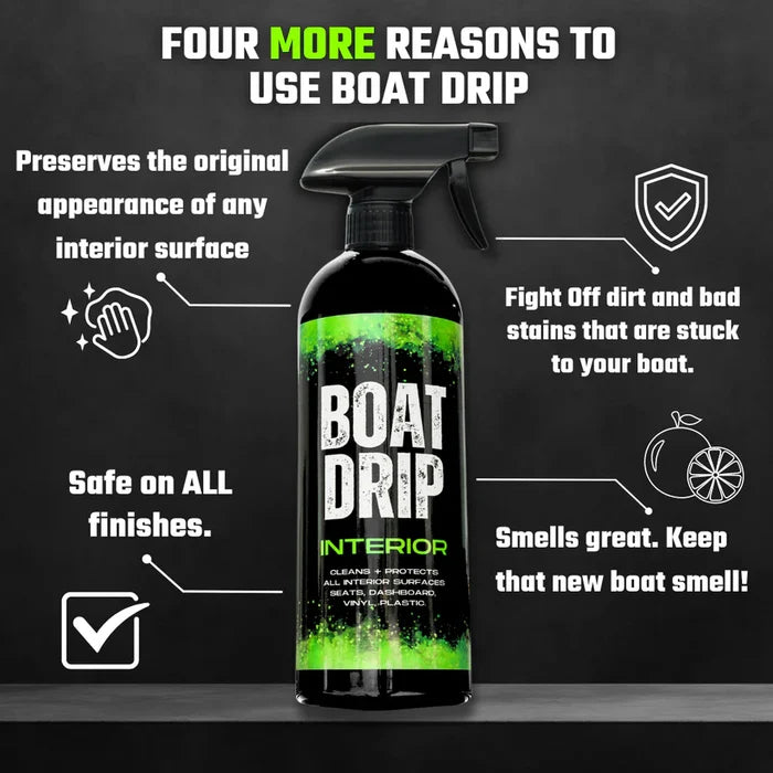 Bottle of Boat Drip Interior cleaner displayed on a dark background with text highlighting its benefits: preserves original surfaces, safe on all finishes, fights dirt and stains, and smells fresh like a new boat.
