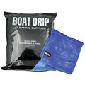 Boat Drip Microfiber Towels (5 Pack) showing black package with white text and a folded blue microfiber towel labeled Boat Drip, ideal for cleaning fishing tackle and marine gear.