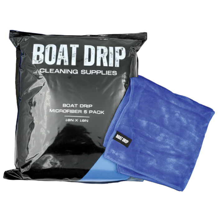 Boat Drip Microfiber Towels (5 Pack) showing black package with white text and a folded blue microfiber towel labeled Boat Drip, ideal for cleaning fishing tackle and marine gear.