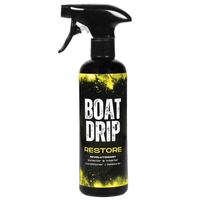 Black spray bottle labeled Boat Drip Restore with yellow accents, designed as a revolutionary exterior and interior conditioner and restorer for boats.