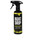 Black spray bottle labeled Boat Drip Restore with yellow accents, designed as a revolutionary exterior and interior conditioner and restorer for boats.