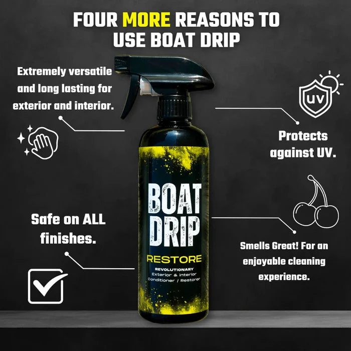 Bottle of Boat Drip Restore spray cleaner with text highlighting its versatility, UV protection, safe use on all finishes, and pleasant cherry scent for cleaning boats and marine equipment.