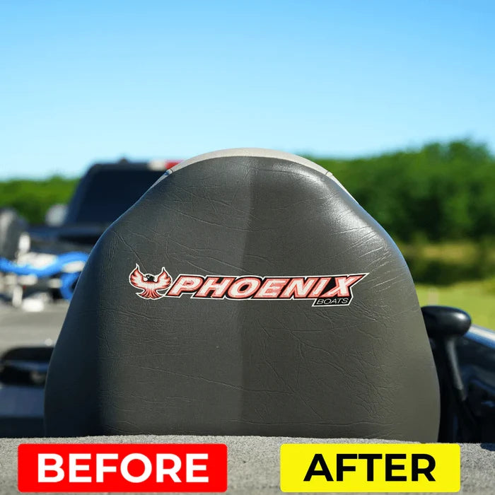 Close-up of a black Phoenix Boats seat showing the restoration effect of Boat Drip Restore, highlighting a cleaner and refreshed surface on the right side compared to the worn left side.