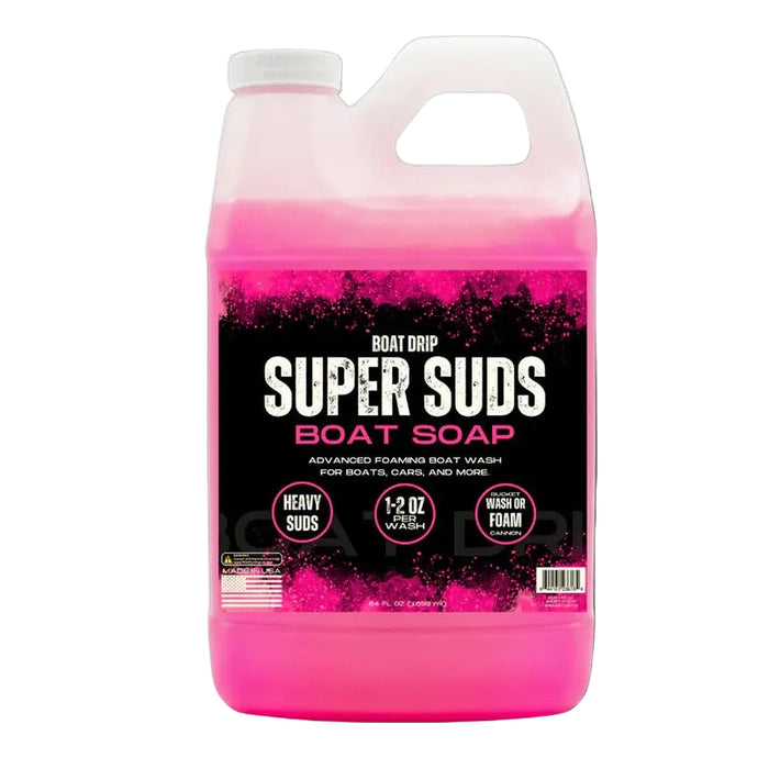 Pink bottle of Super Suds Boat Soap on a white background
