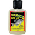 Bottle of Bobby Garland Mo' Glo Slab Jam glow-in-the-dark scented gel for fishing with a black cap and label featuring a fish illustration and product details.