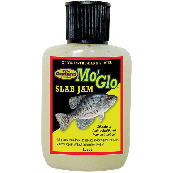 Bottle of Bobby Garland Mo' Glo Slab Jam glow-in-the-dark scented gel for fishing with a black cap and label featuring a fish illustration and product details.
