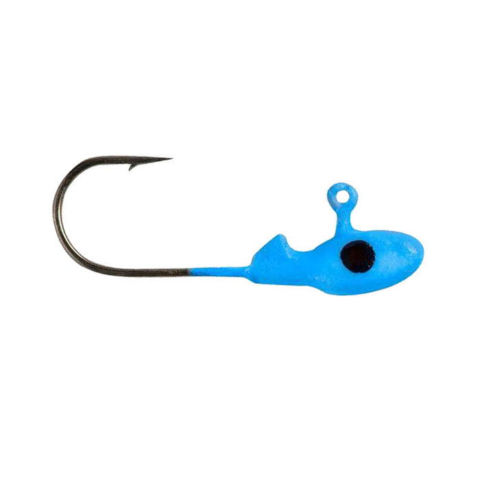 Bobby Garland Mo'Glo Jighead in bright blue with a black spot, featuring a sharp fishing hook and molded head designed for effective fishing tackle use.