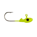 Bright chartreuse Bobby Garland Mo'Glo Jighead fishing lure with a single sharp hook and a small eyelet for attaching to fishing tackle.