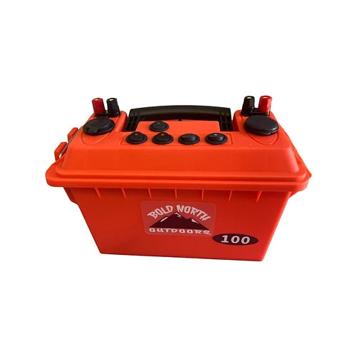 Bold North Outdoors Power Boxes bright orange fishing tackle box with multiple black knobs and battery terminals on top, designed for organized storage of fishing gear.