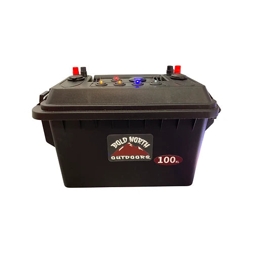 Bold North Outdoors Power Boxes black durable storage box with LED indicator lights and power terminals for fishing tackle and marine electronics organization.