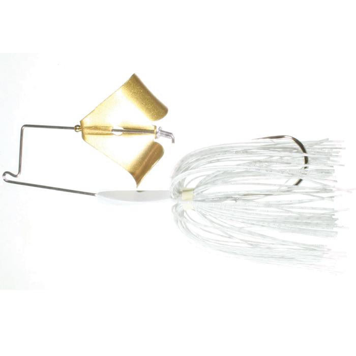Boogerman Buzzbait fishing lure with a gold-colored spinning blade and white silicone skirt designed for musky fishing and fishing tackle enthusiasts.