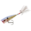 Booyah Boss Pop fishing lure designed with a blue and gold fish pattern, featuring realistic eyes, two treble hooks, and feathered accents for musky fishing tackle.