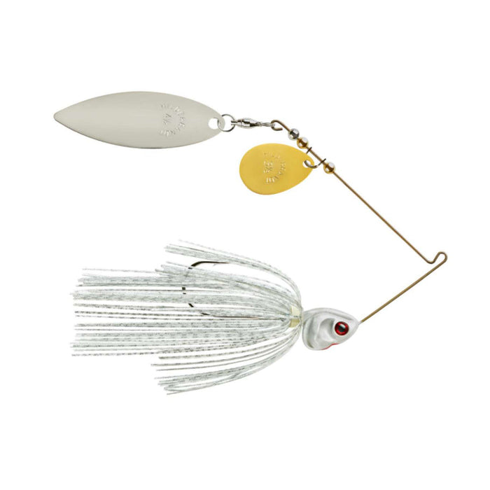 Booyah Covert Colorado Willow Blades Spinnerbait with silver and gold blades, a white and silver skirt, and a detailed fish head, designed for effective fishing tackle use.