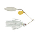 Booyah Covert Colorado Willow Blades Spinnerbait with silver and gold blades, a white and silver skirt, and a detailed fish head, designed for effective fishing tackle use.