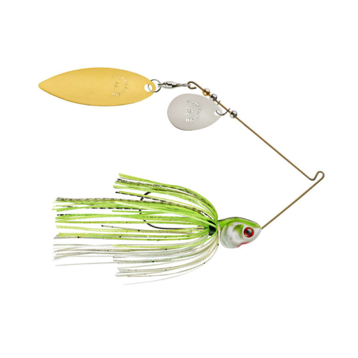 Booyah Covert Colorado Willow Blades Spinnerbait with gold and silver blades, green and white skirt, and detailed fish head designed for freshwater fishing tackle.