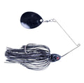Booyah Covert Night Time Spinnerbait featuring a black skirt, single round spinning blade, and red eye detail designed for musky and other freshwater fishing tackle.