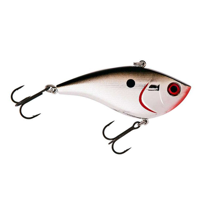 Booyah Hard Knocker Lipless Crankbait in silver and black with red eye detail, featuring two treble hooks for musky fishing tackle.