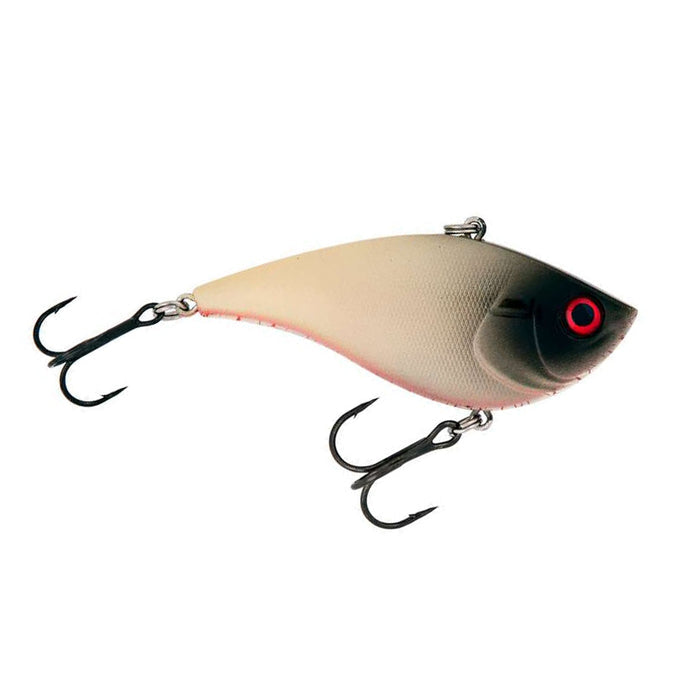 Booyah Hard Knocker Lipless Crankbait with a crushed bone color finish, featuring two sharp treble hooks and a realistic fish eye design for effective fishing tackle.
