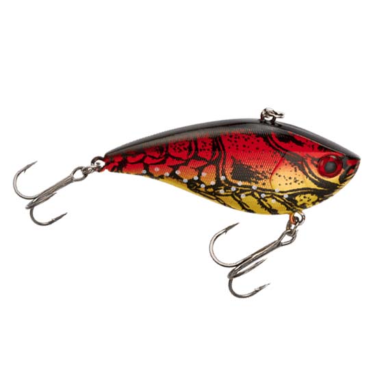 Booyah Hard Knocker Lipless Crankbait fishing lure in a red, black, and yellow patterned finish with two treble hooks designed for freshwater fishing tackle.