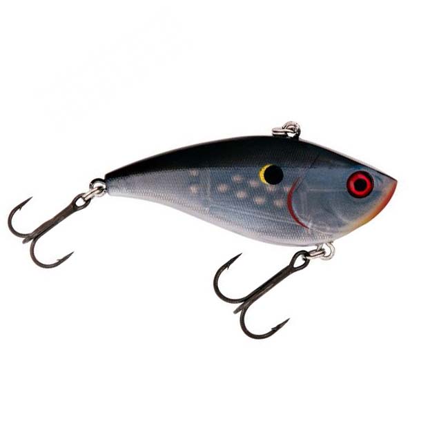 Booyah Hard Knocker Lipless Crankbait fishing lure with a sleek, dark gray body, red eye, two treble hooks, and detailed scale patterns for effective fishing tackle use.