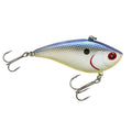 Booyah Hard Knocker Lipless Crankbait fishing lure with a blue and silver scale pattern, red eye details, and two treble hooks designed for effective musky and freshwater fishing.