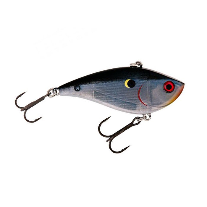 Booyah One Knocker Lipless Crankbait in black and gray colors with red eye and yellow crescent detail, featuring two treble hooks for fishing tackle use.