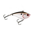 Booyah One Knocker Lipless Crankbait in chrome black finish designed for fishing tackle, featuring two treble hooks and a streamlined lipless crankbait body for effective lure action.