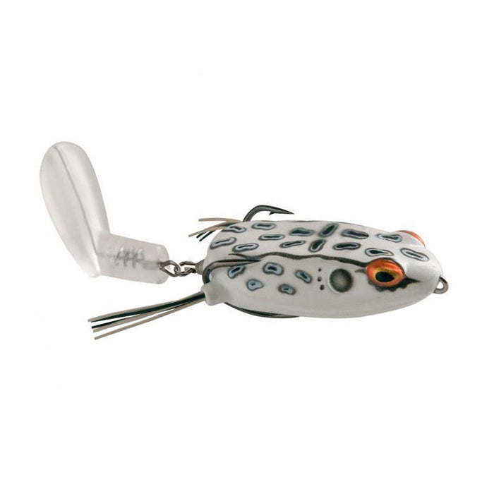 Booyah Toad Runner Jr. Frog fishing lure designed to resemble a small frog with white and black spotted pattern, orange eyes, and a spinning blade tail for fishing tackle.