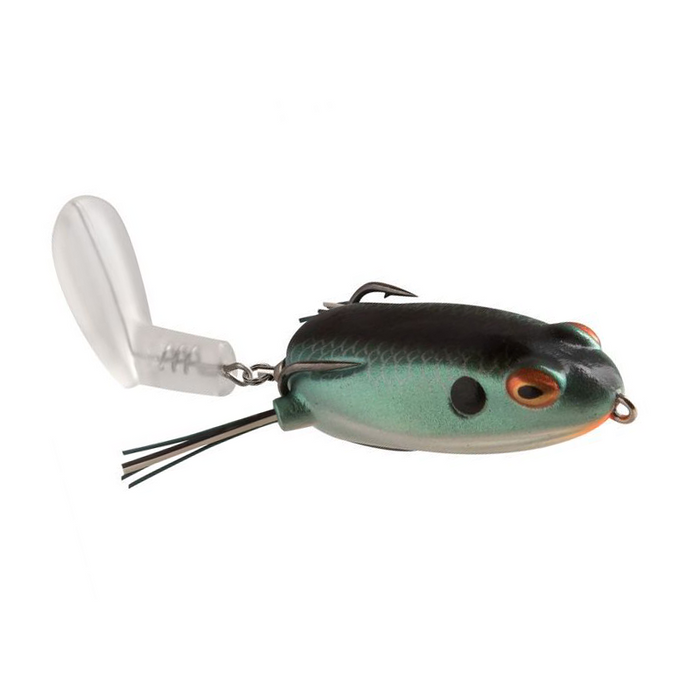 Booyah Toad Runner Jr. Frog fishing lure designed with a green and black frog pattern, featuring dual hooks and a clear plastic lip for realistic movement in water.