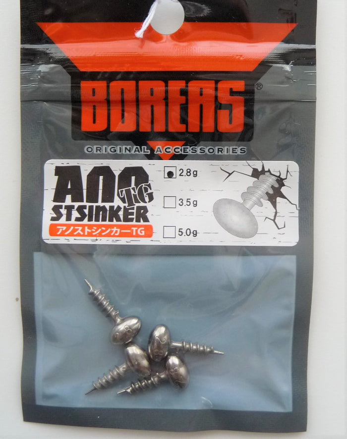 Package of Boreas Ano Strike Sinker TG fishing tackle featuring small, silver-colored screw-in sinkers for fishing lures, visible through clear plastic on bottom half of bag.
