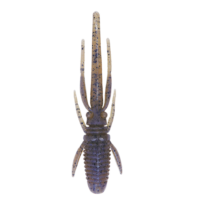 BottomUp M.P.S soft plastic fishing lure designed to mimic a small crawfish with segmented body and multiple appendages in translucent brown with black speckles.