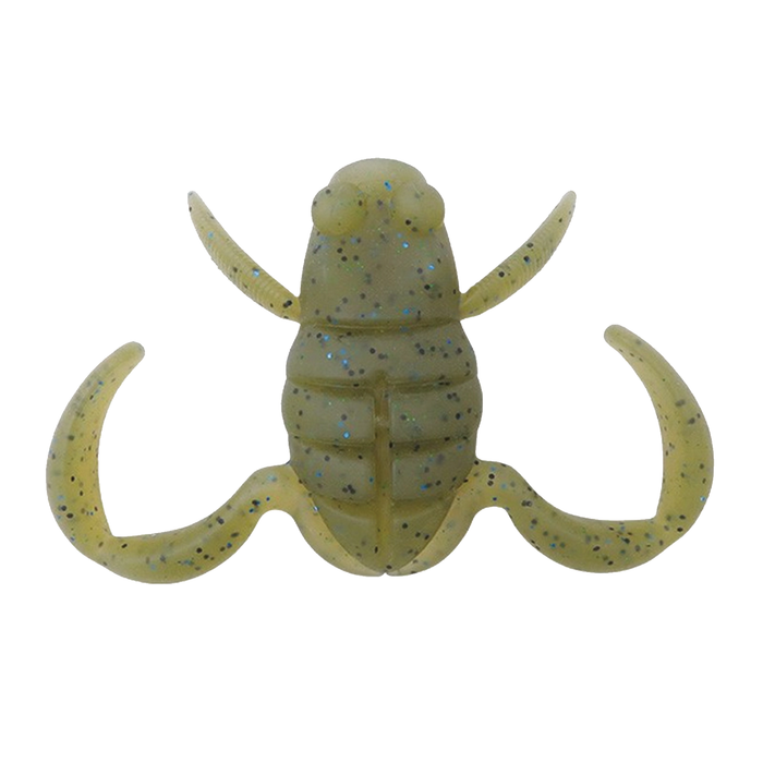 BottomUp Scooper Frog Daddy fishing lure in translucent green with blue and black speckles, designed with curved appendages for lifelike movement in water.