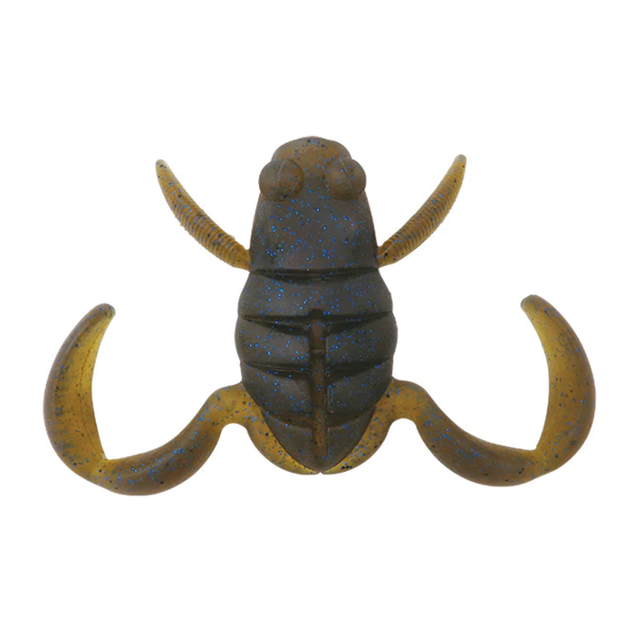BottomUp Scooper Frog Daddy fishing lure in dark brown with blue flecks, featuring two curved legs and two antenna-like appendages designed for musky fishing tackle.