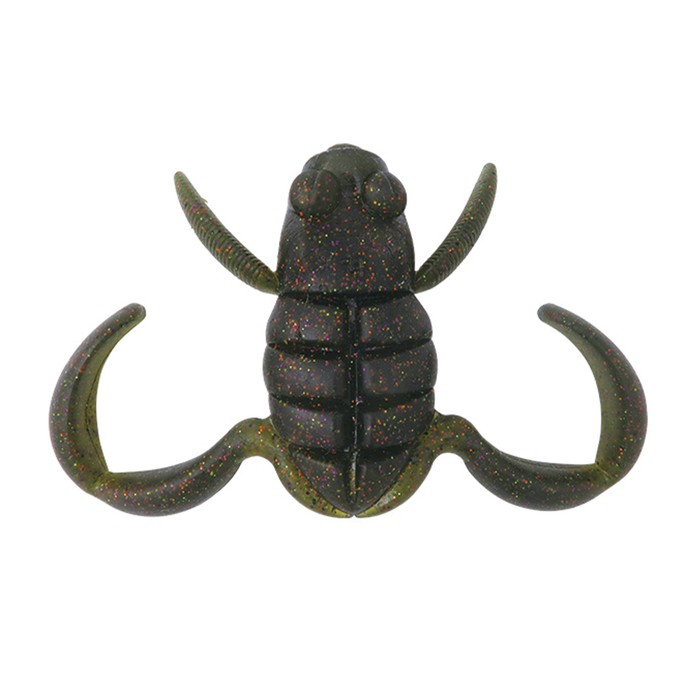 BottomUp Scooper Frog Daddy fishing lure designed with a dark green body featuring curved appendages and red glitter accents for attracting musky and other fish.