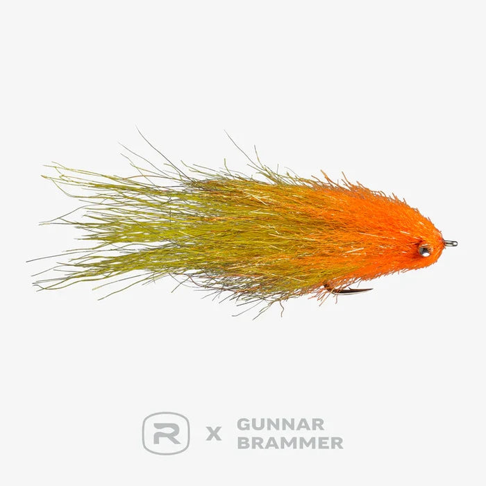 Brammer's Finger Mullet #2, a detailed fishing lure featuring vibrant orange and olive fibers with a lifelike eye, designed for freshwater and warmwater fishing tackle.