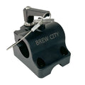 Black sturdy fishing rod mounting base with engraved "BREW CITY" text, featuring secure locking lever and attached safety cable, Brew City Base Only PN:1005.