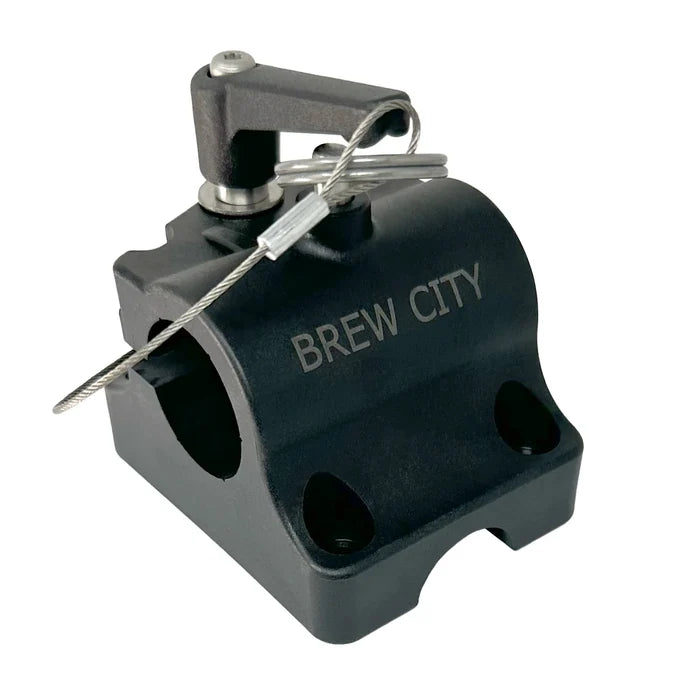 Black sturdy fishing rod mounting base with engraved "BREW CITY" text, featuring secure locking lever and attached safety cable, Brew City Base Only PN:1005.