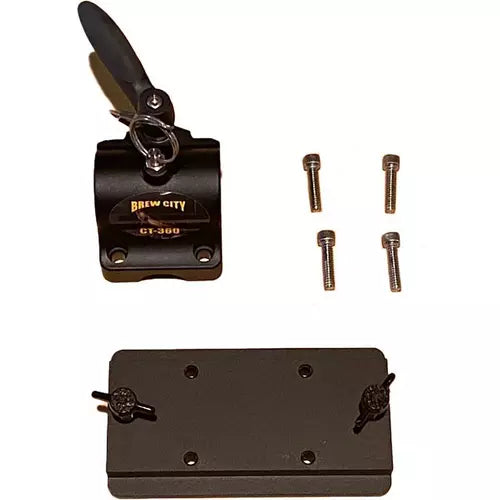 Brew City Base & Track Insert - 1006 shown as a black mounting assembly with a lever clamp, a rectangular base plate with two wingnut fasteners, and four accompanying screws for secure installation.
