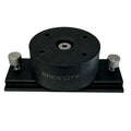 Black Brew City LOX360 Shuttle Mount with a circular central body and two silver adjustable knobs on a rectangular base, designed for secure fishing rod attachment.