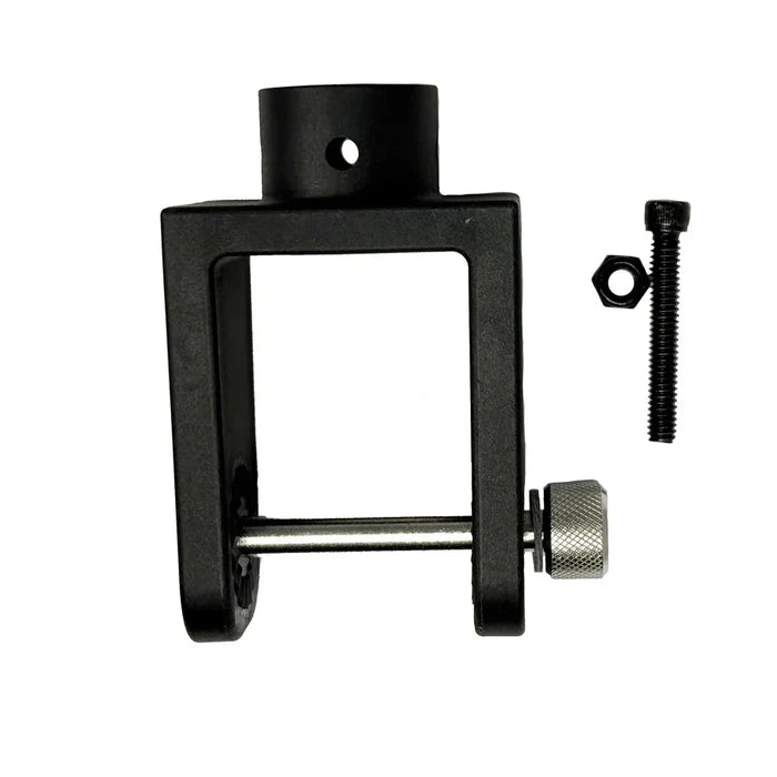Brew City LVS34 Live Mount fishing tackle accessory in black metal with an adjustable screw clamp and separate bolt and nut for installation.