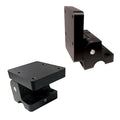 Two black metal mounting brackets with multiple screw holes, designed for secure attachment, shown from different angles, Brew City Tilt-n-Stow - BC-TS.
