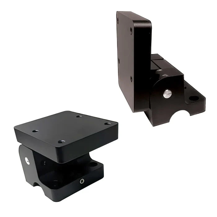 Two black metal mounting brackets with multiple screw holes, designed for secure attachment, shown from different angles, Brew City Tilt-n-Stow - BC-TS.
