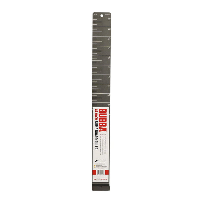Bubba 18" Bump Board Ruler in black and white with clear inch markings, designed for accurately measuring fish length in fishing tackle and outdoor activities.