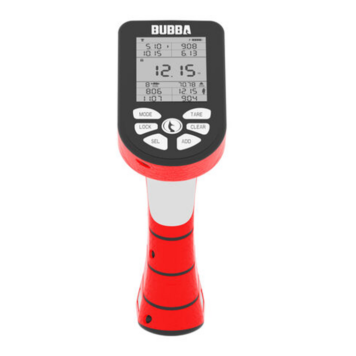 Bubba 60 lb. Smart Fish Scale with ergonomic red handle and digital display showing weight and measurement functions, designed for accurate fishing tackle use.