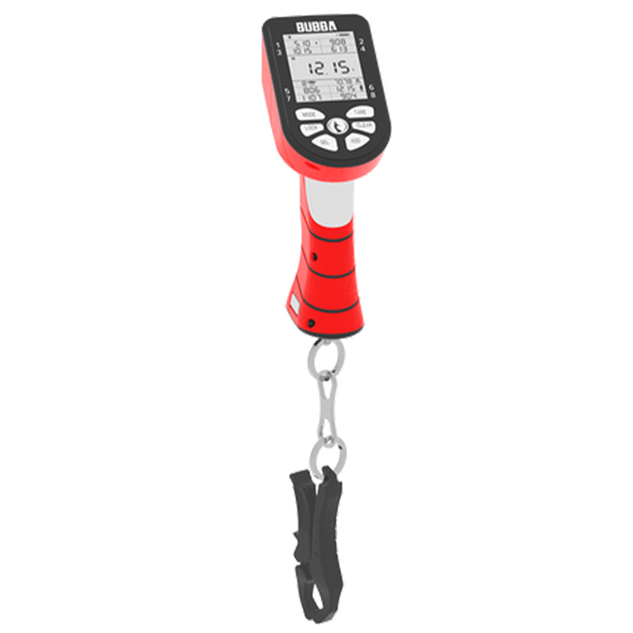 Bubba 60 lb. Smart Fish Scale with digital display, red and black ergonomic handle, and clip attachment for accurately weighing fish, ideal for fishing tackle use.
