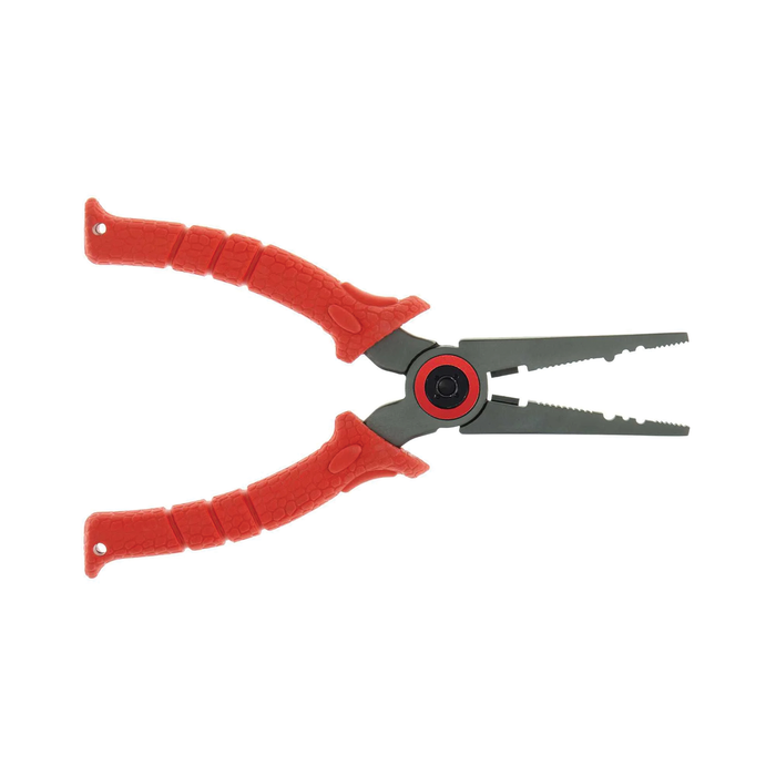 Bubba 6.5 Stainless Steel Pliers with textured red handles and serrated jaws designed for durability and precision in fishing tackle and marine electronics use.