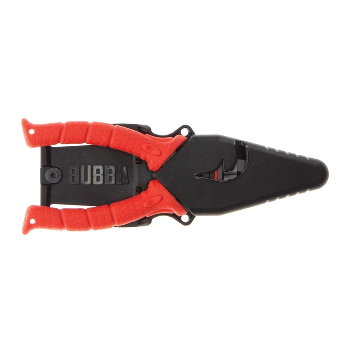 Bubba 6.5 Stainless Steel Pliers with textured red handles and black protective sheath, designed for durability and precision in fishing tackle and marine electronics use.