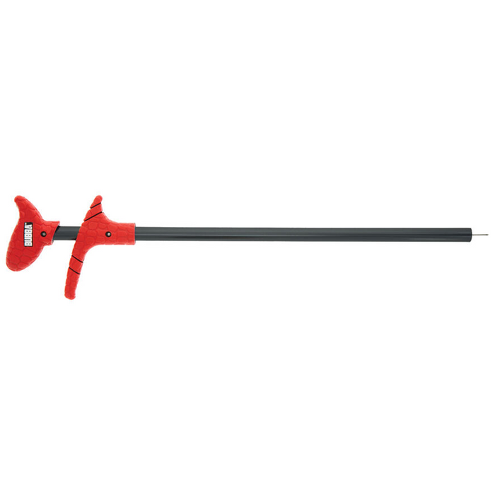 Bubba Hook Extractor featuring a long black shaft with a red ergonomic handle and trigger grip designed for safe and easy removal of fishing hooks.
